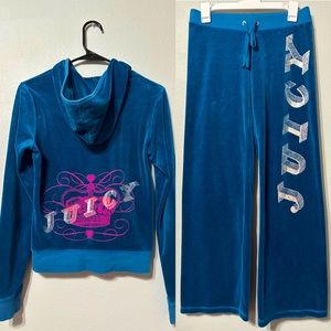 Vintage Y2K Juicy Couture Dark Blue & Silver Velour Tracksuit